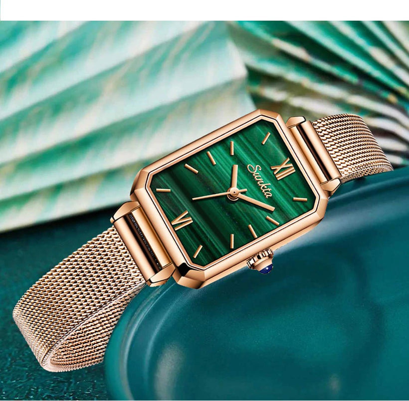 SUNKTA Top Brand Luxury Rectangular Small Green Ultra-Thin Waterproof Quartz Ladies Wristwatch