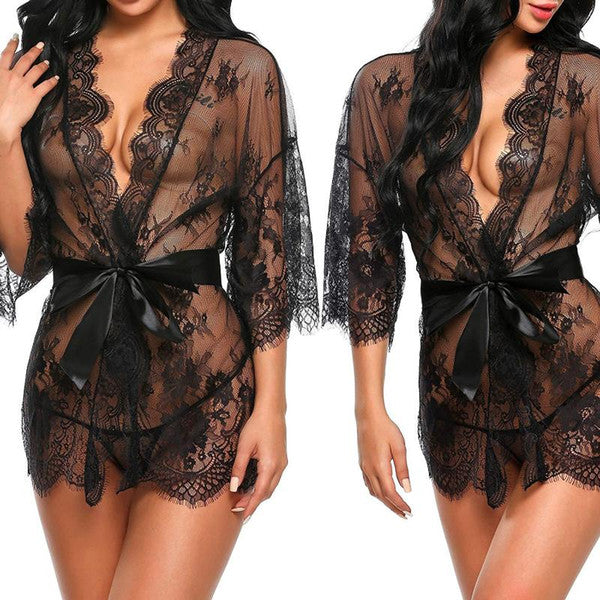 Sexy Women Lingerie Lace Night Dress Sleepwear Nightgown Bandage Deep V G-String See Through Sexy Sheer Sleep Dress Asian Size