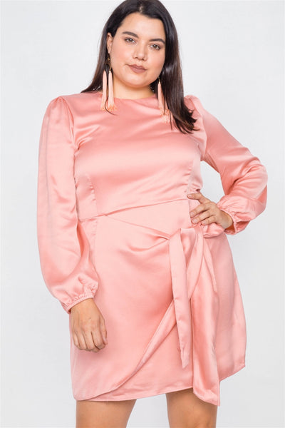 Plus Size Silk Mock Wrap Square Neck Mini Dress