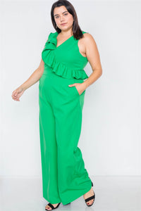 Plus Size Green Flounce Surplus V-neck Wide Leg Jumpsuit