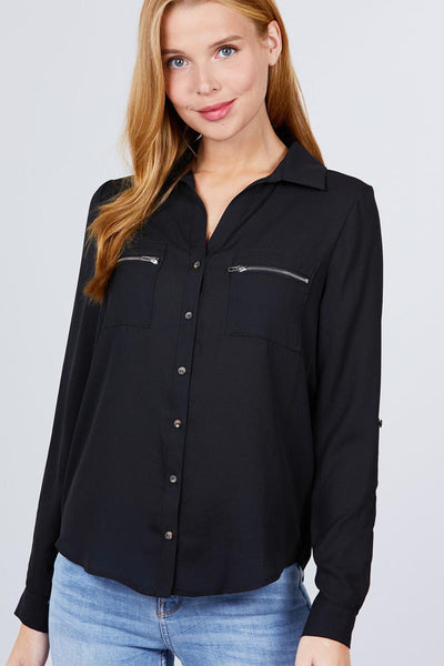 3/4 Roll Up Sleeve Pocket W/zipper Detail Woven Blouse