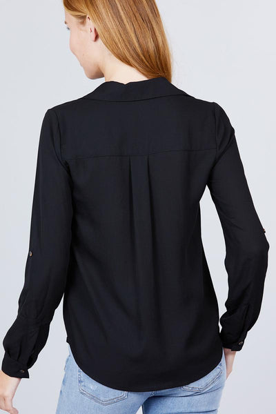 3/4 Roll Up Sleeve Pocket W/zipper Detail Woven Blouse