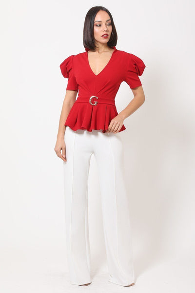 Draped Puff Shoulder Fashion Top With G Buckle Detail