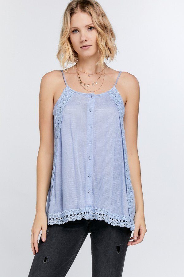 Boho Scallop Lace Trim Detailed Button Down Solid Subtle Textured Slit Side Overlay Layered Cami Top