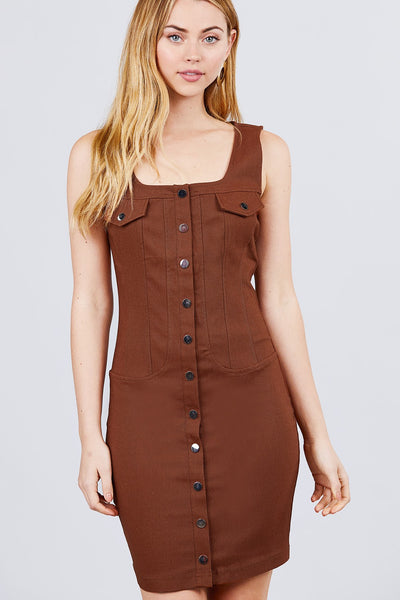 Sleeveless Deep Square Neck Button Down Detail Mini Woven Dress