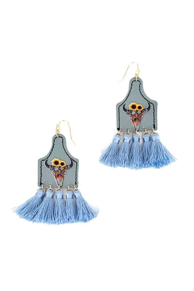 Stylish Western Cow Skull And Tassel Drop Earring