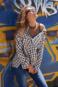 White Black Plaid Asymmetrical Front Button Down Top