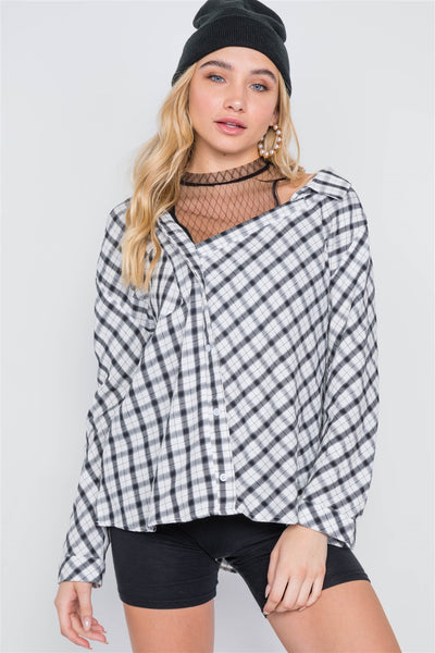 White Black Plaid Asymmetrical Front Button Down Top