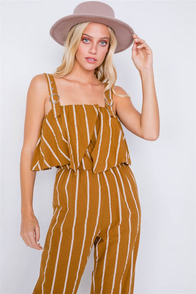 Stripe Buckle Shoulder Wide Leg Jumpsuit