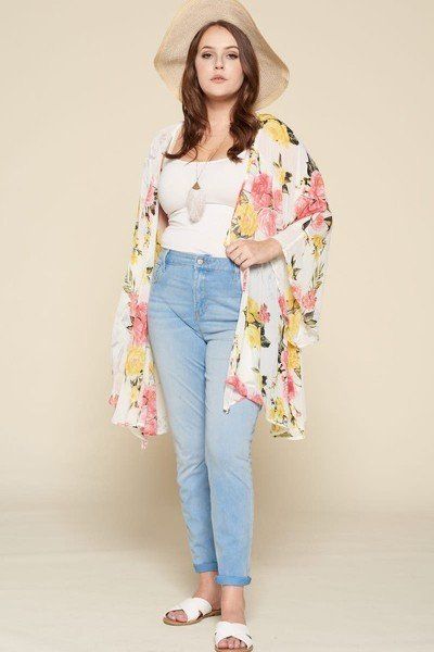 Plus Size Floral Printed Oversize Flowy And Airy Kimono With Dramatic Bell Sleeves