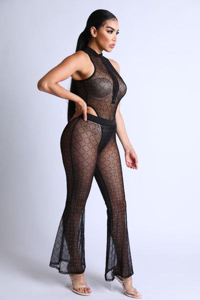 Diamond Mesh Bodysuit Set With Flared Pants