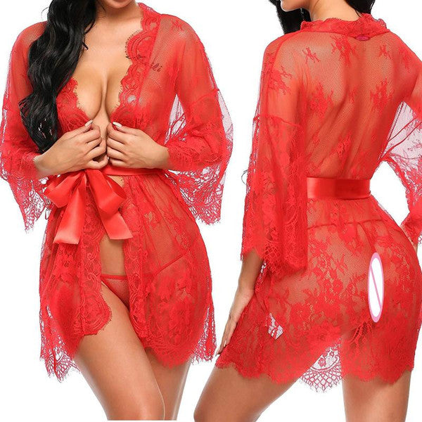 Sexy Women Lingerie Lace Night Dress Sleepwear Nightgown Bandage Deep V G-String See Through Sexy Sheer Sleep Dress Asian Size