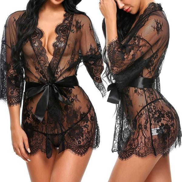 Sexy Women Lingerie Lace Night Dress Sleepwear Nightgown Bandage Deep V G-String See Through Sexy Sheer Sleep Dress Asian Size