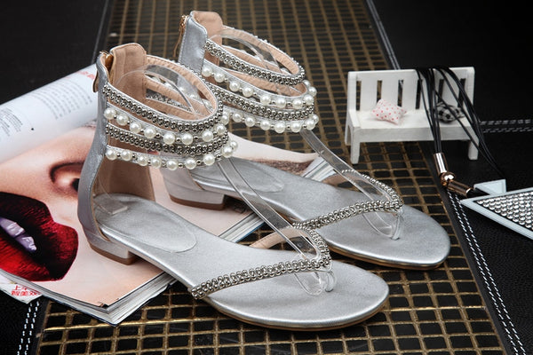 Crystal sandals Summer rhinestone ankle strap flat shoes female beach shoes