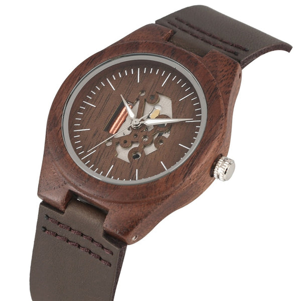 Wooden Couple Quartz Handmade Walnut Wood Watches Hollow Dial Leather Band Valentine's Day Lover's Gift