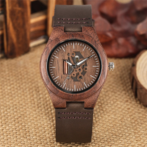 Wooden Couple Quartz Handmade Walnut Wood Watches Hollow Dial Leather Band Valentine's Day Lover's Gift