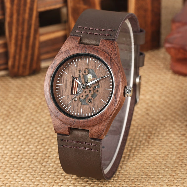 Wooden Couple Quartz Handmade Walnut Wood Watches Hollow Dial Leather Band Valentine's Day Lover's Gift