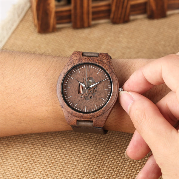 Wooden Couple Quartz Handmade Walnut Wood Watches Hollow Dial Leather Band Valentine's Day Lover's Gift