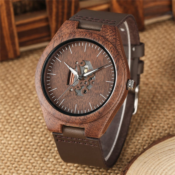 Wooden Couple Quartz Handmade Walnut Wood Watches Hollow Dial Leather Band Valentine's Day Lover's Gift