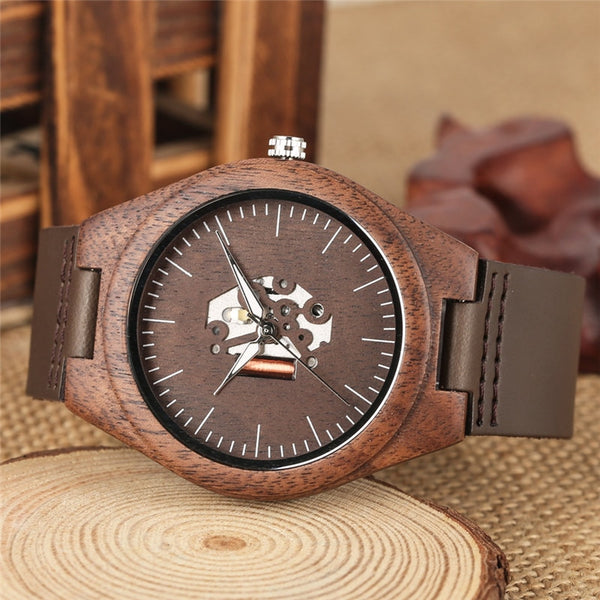 Wooden Couple Quartz Handmade Walnut Wood Watches Hollow Dial Leather Band Valentine's Day Lover's Gift