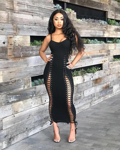 Echoine Spaghetti Strap Knitted Ribbed Long Sexy Party Dress