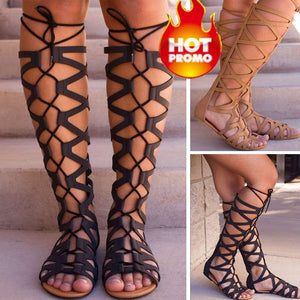 Gladiator Bandage Strap Knee High  Hollow Ankle Flat Boot Sandals.