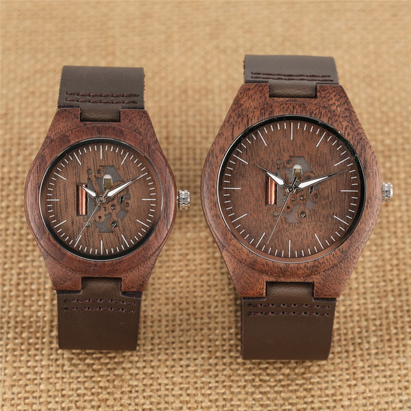 Wooden Couple Quartz Handmade Walnut Wood Watches Hollow Dial Leather Band Valentine's Day Lover's Gift