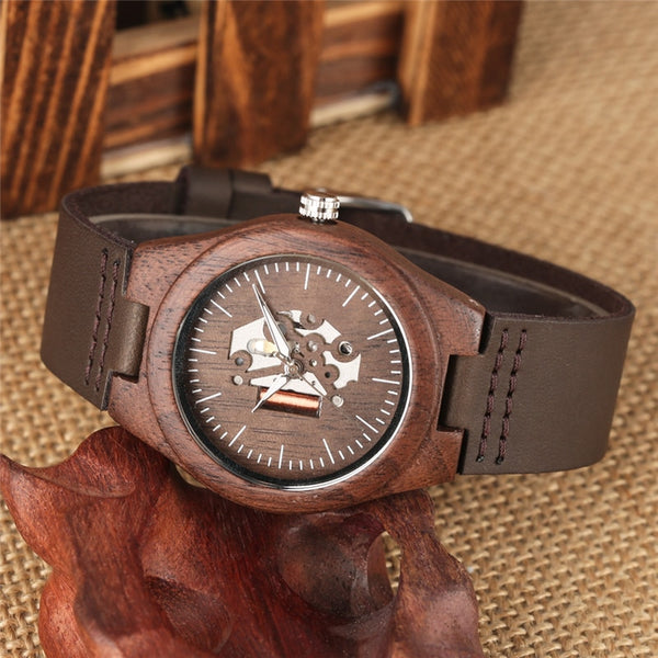 Wooden Couple Quartz Handmade Walnut Wood Watches Hollow Dial Leather Band Valentine's Day Lover's Gift