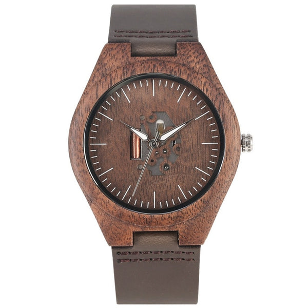 Wooden Couple Quartz Handmade Walnut Wood Watches Hollow Dial Leather Band Valentine's Day Lover's Gift