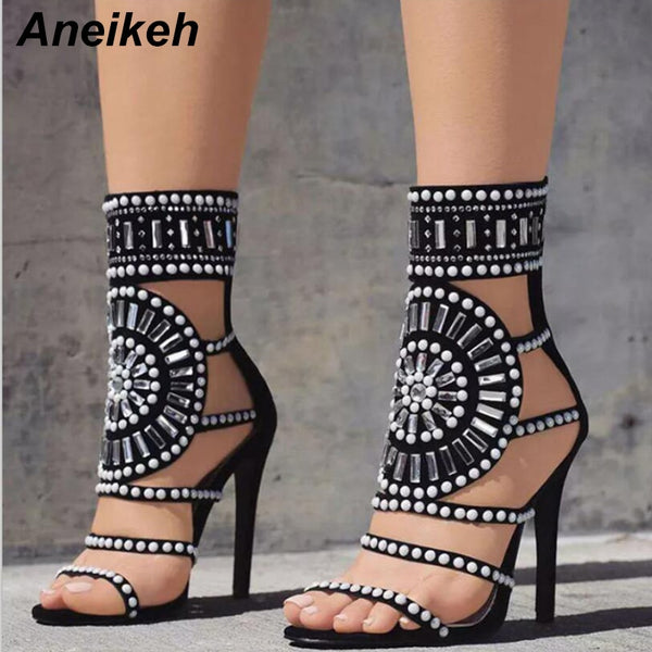 Aneikeh Open Toe Rhinestone High Heel Ankle Wrap Glitter Diamond Gladiator Sandals.