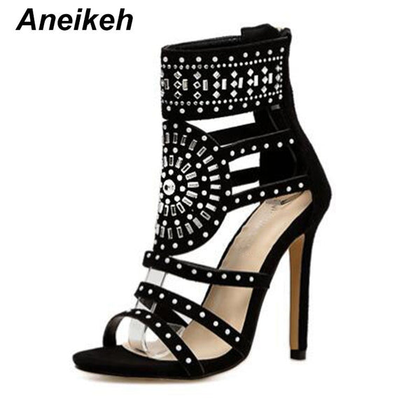 Aneikeh Open Toe Rhinestone High Heel Ankle Wrap Glitter Diamond Gladiator Sandals.