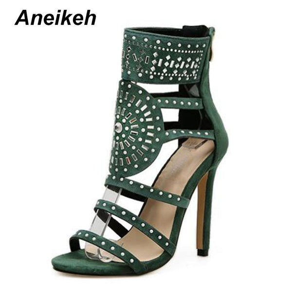 Aneikeh Open Toe Rhinestone High Heel Ankle Wrap Glitter Diamond Gladiator Sandals.