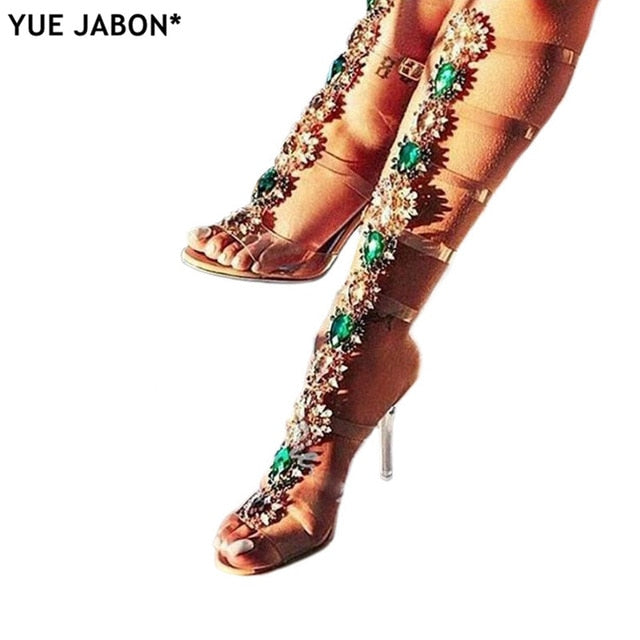 Transparent Gladiator Open Toe T-strap  Rhinestone Diamond Clear High Heel Summer Boots Sandals