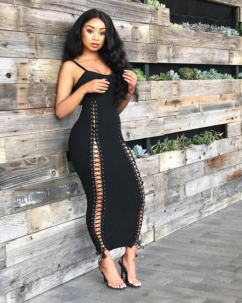 Echoine Spaghetti Strap Knitted Ribbed Long Sexy Party Dress