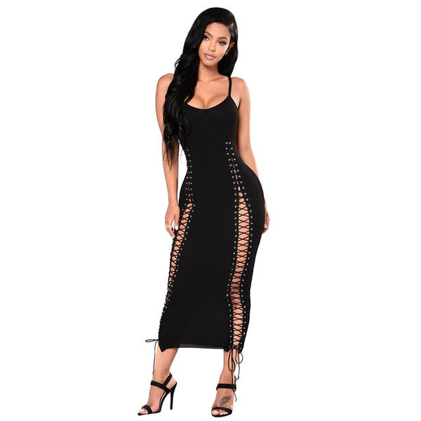 Echoine Spaghetti Strap Knitted Ribbed Long Sexy Party Dress