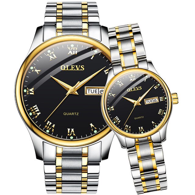 OLEVS Couple Two Tone Stainless Steel Band Fashion Waterproof His and Hers Quartz Wristwatch