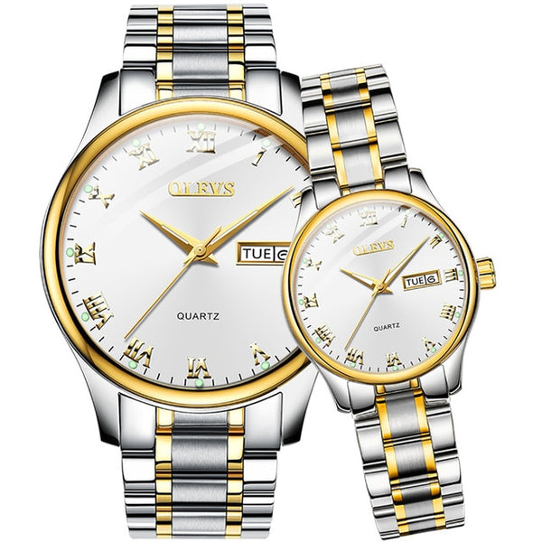 OLEVS Couple Two Tone Stainless Steel Band Fashion Waterproof His and Hers Quartz Wristwatch