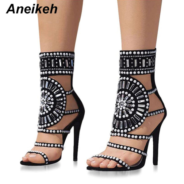 Aneikeh Open Toe Rhinestone High Heel Ankle Wrap Glitter Diamond Gladiator Sandals.