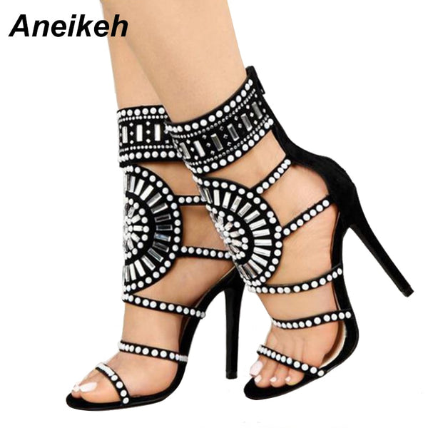 Aneikeh Open Toe Rhinestone High Heel Ankle Wrap Glitter Diamond Gladiator Sandals.