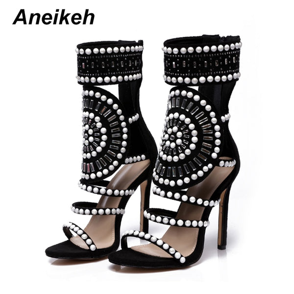 Aneikeh Open Toe Rhinestone High Heel Ankle Wrap Glitter Diamond Gladiator Sandals.