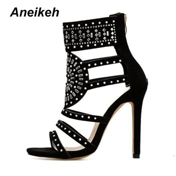 Aneikeh Open Toe Rhinestone High Heel Ankle Wrap Glitter Diamond Gladiator Sandals.