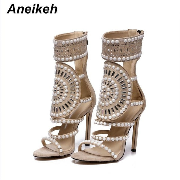 Aneikeh Open Toe Rhinestone High Heel Ankle Wrap Glitter Diamond Gladiator Sandals.