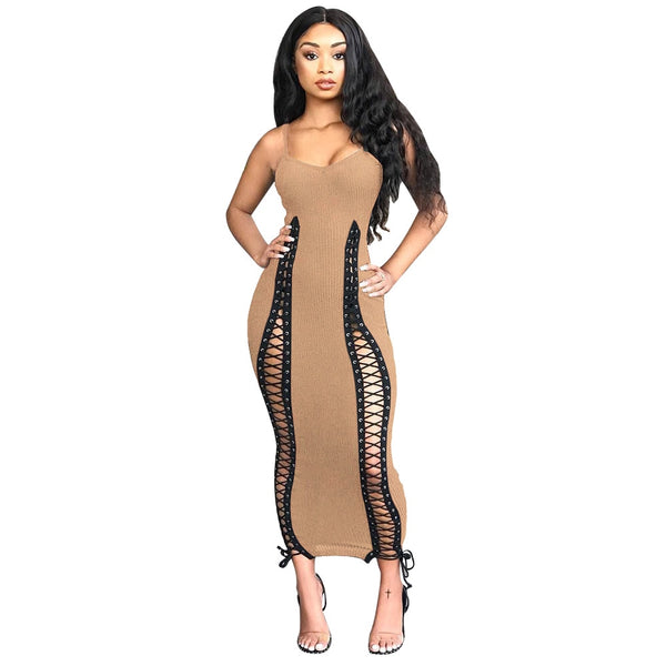 Echoine Spaghetti Strap Knitted Ribbed Long Sexy Party Dress