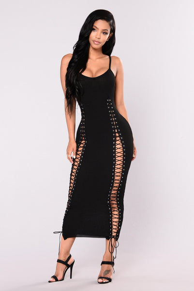 Echoine Spaghetti Strap Knitted Ribbed Long Sexy Party Dress