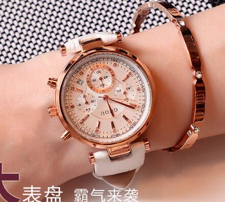 Fashion GUOU Brand Real 3 Eyes Waterproof Leather Analog Calendar Wristwatches