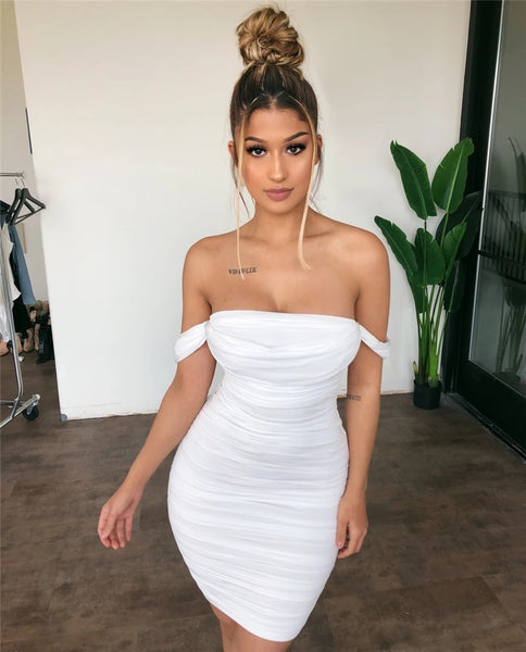 Tobinoone White mesh bodycon Sexy summer off shoulder dinner party mini dress