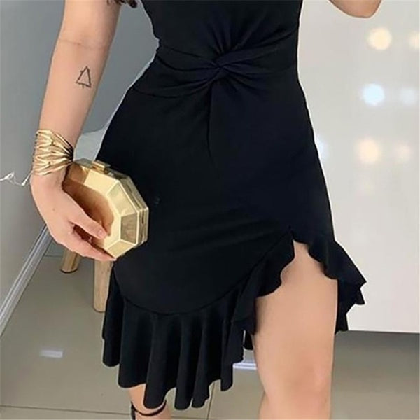 2020 Fashion Elegant Lady Dress Party Sweet Workwear Dress Casual One Shoulder Waist Twisted Ruffles Hem Dress