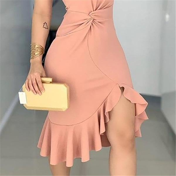 2020 Fashion Elegant Lady Dress Party Sweet Workwear Dress Casual One Shoulder Waist Twisted Ruffles Hem Dress