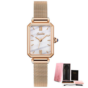 SUNKTA Luxury Fashion Casual Ladies Quartz Rose Gold Stainless Steel Mesh Wristwatch