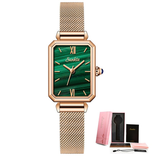 SUNKTA Luxury Fashion Casual Ladies Quartz Rose Gold Stainless Steel Mesh Wristwatch